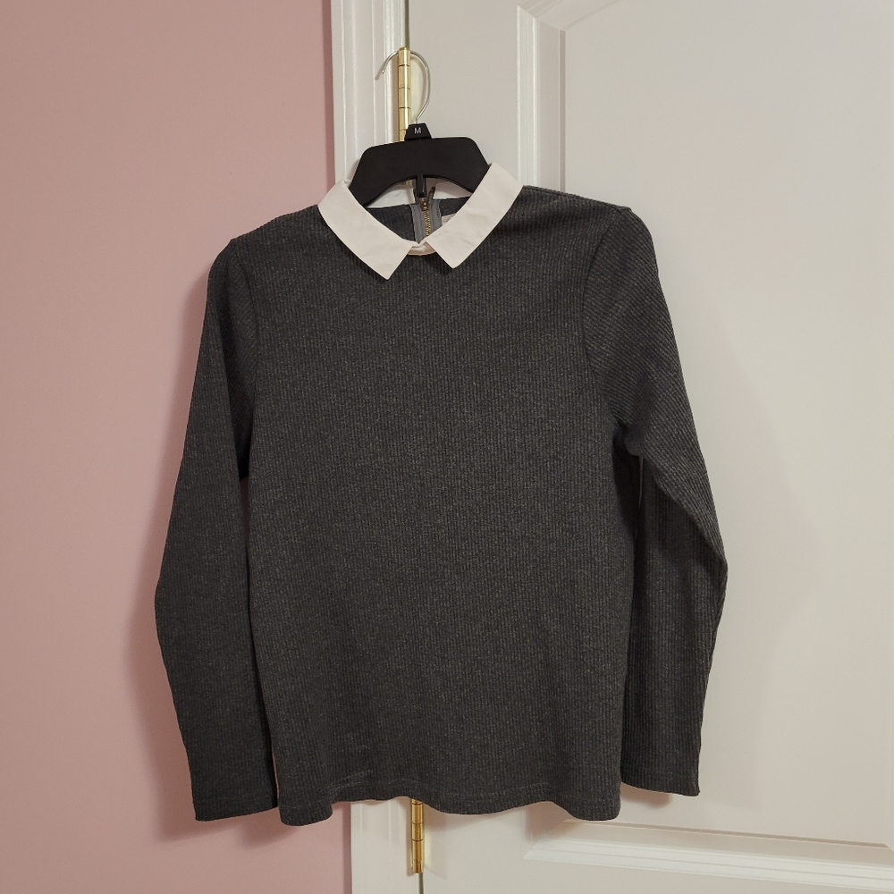 Womens Anything Dark Gray Sweater with White Collar 3/4 Sleeve- S- Preppy, Y2K